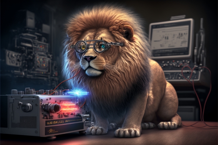 Leo the Lion tinkering with his electronic invention